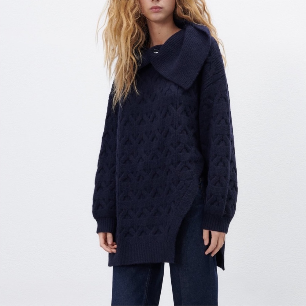 NWT Zara High Collar Side Vented Chunky Cable Knit Sweater Blue Navy M